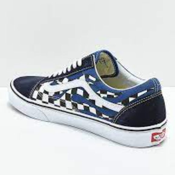 Vans Old Skool Checker Flame in Navy Blue Checker/True White Canvas Skate Shoes - Picture 13 of 16